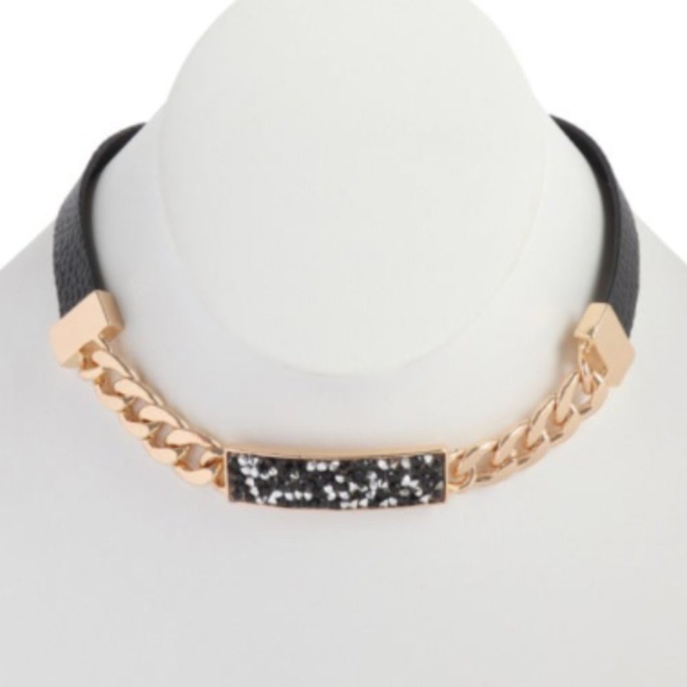 Black Rhinestone with Gold Chain & Leather Choker